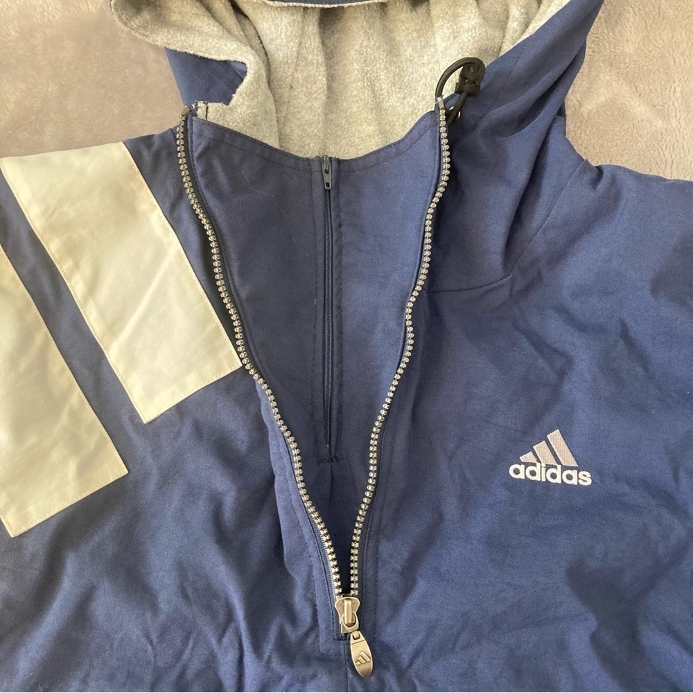 Vintage 90s Adidas Windbreaker Anorak Jacket XL Navy Blue Big Stripe Pullover - Picture 2 of 15
